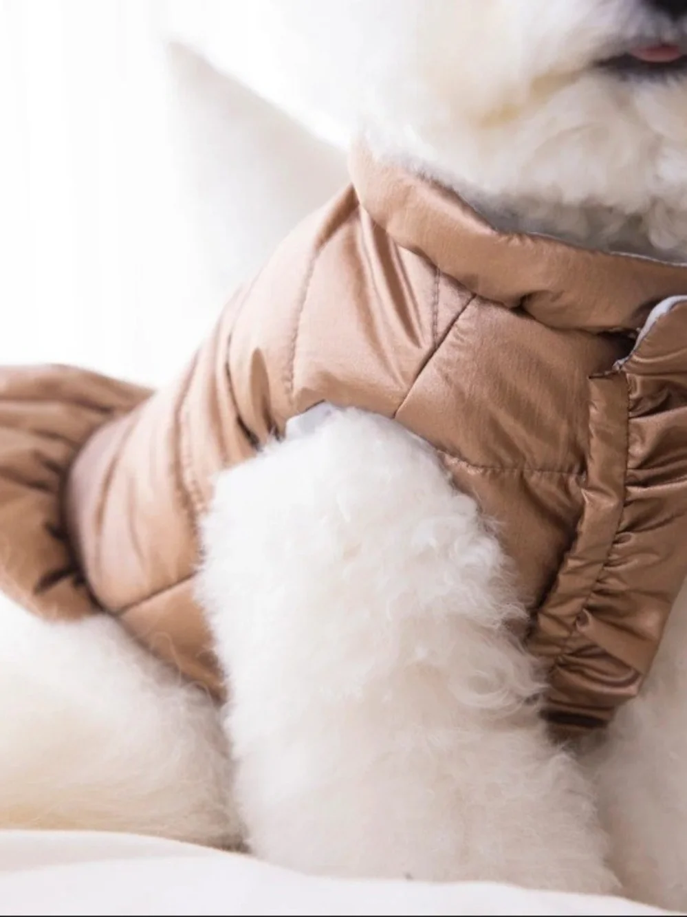 Metallic Bronze Ruffle Dog Puffer Jacket Dress